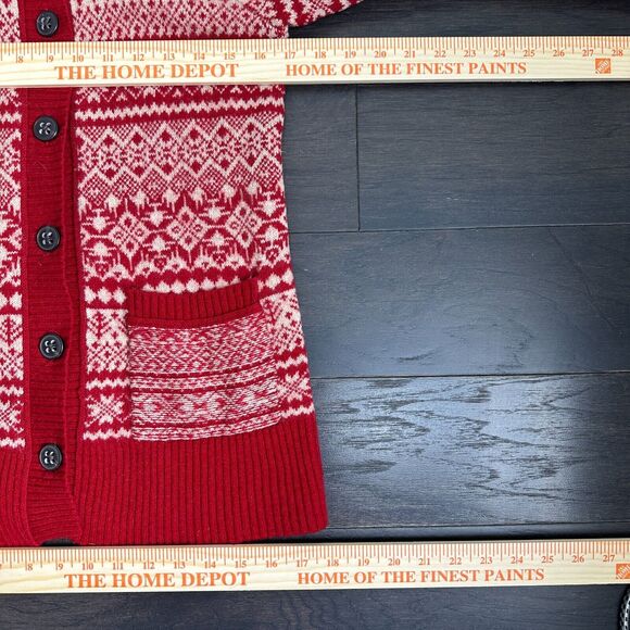 Eddie Bauer Cardigan Womens Small Red Fair Isle Lambswool Sweater Christmas Cozy - Picture 11 of 11